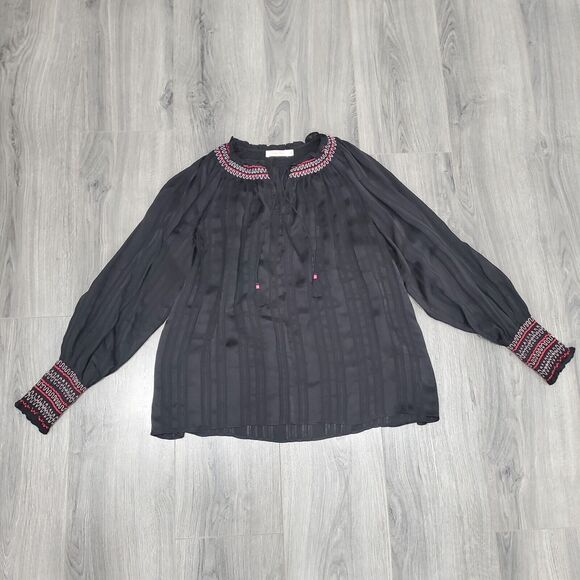 JOHNNY WAS Silk Blouse Top Black Socked Peasant Satin Small Boho Art Luxe Boho - Picture 1 of 9